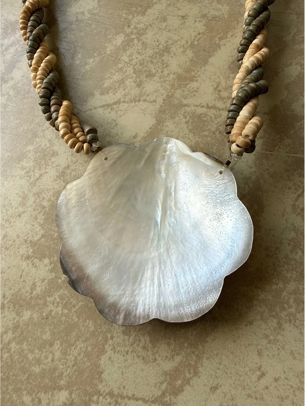 Vintage Mother of Pearl Shell Pendant Necklace Twisted Heshi Bead 24 Inch